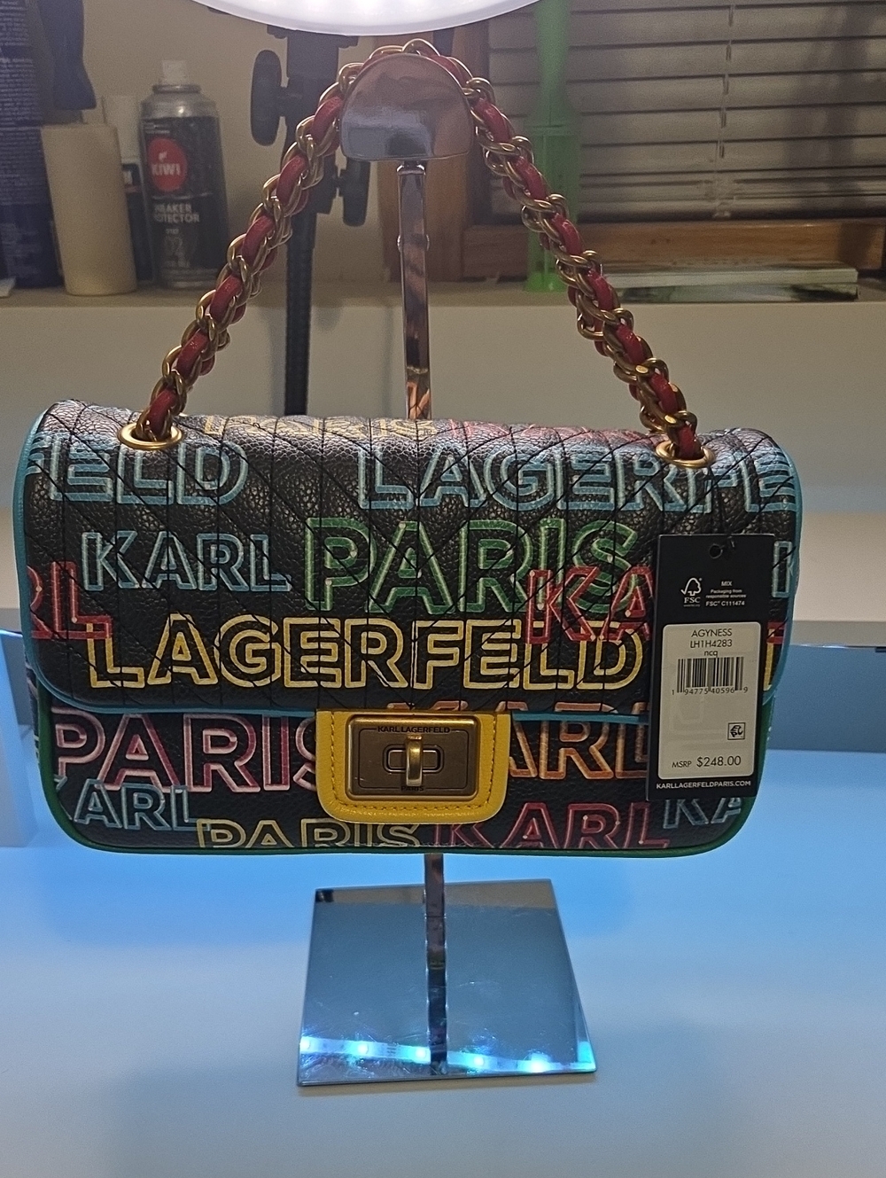 Karl Lagerfeld Multicolor Logo Quilted Shoulder Bag with Gold Chain
